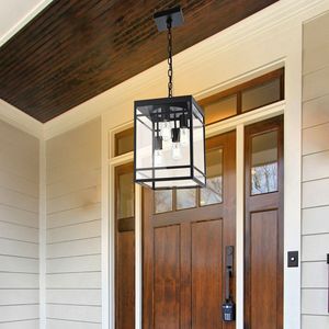 Lampada a Sospensione Nera da Esterno con Pannello in Vetro Smerigliato, Grande Lampadario Lineare da Esterno per Portico - Product Image 4