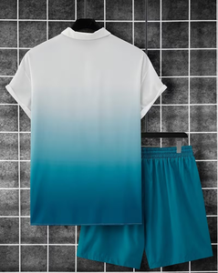 Men's Gradient Short Sleeve Shirt Shorts Set Breathable Knitted Casual Summer Wear Light Blue Drawstring Pants Outfit Quick Dry - Product Image 2