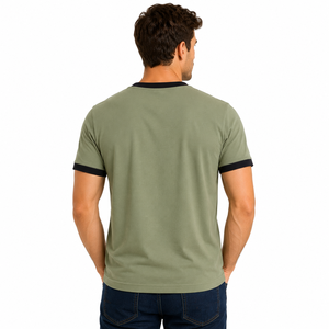 T-shirt Ringer Vert Olive pour Homme, Manches Courtes, Col Rond, Coupe Classique, Couleur Unie, 100% Coton Jersey Tricoté Épais - Product Image 5