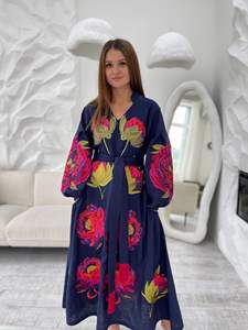 Vintage <b>Boho</b> Embroidered Cotton Maxi Dress Women Navy Floral Pattern Balloon Sleeve <b>Belted</b> Loose Fit Long Dress - Product Image 2
