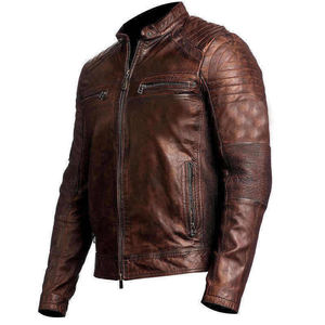 Men's Genuine Leather Motorcycle Jacket Stand Collar Zipper Closure Moto Style Autumn Slim Fit Brown - Product Image 5