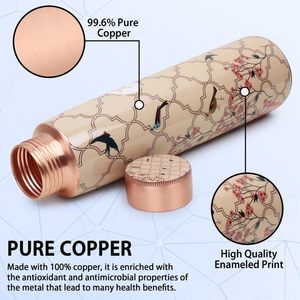 Bird & Flower Printed Copper Water <b>Bottle</b> | Moroccan Lattice Enameled Pure Copper <b>Flask</b> for Wellness - Product Image 1