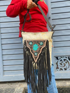 Real Handmade Vintage Boho <b>Hair</b> on Metallic Tooled Leather Fringe Handbag Western Genuine Leather Crossbody Purse <b>for</b> <b>Women's</b> - Product Image 2