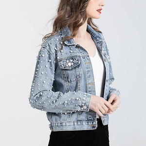 AMSEA New Women's Pearls <b>Cropped</b> Eco-friendly <b>Denim</b> Bomber <b>Jacket</b> for Women Regular Fit Winter - Product Image 1