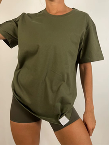Camiseta de algodón de punto transpirable para mujer, cuello redondo, manga corta, holgada, color verde oliva, de gran tamaño, color liso - Product Image 5