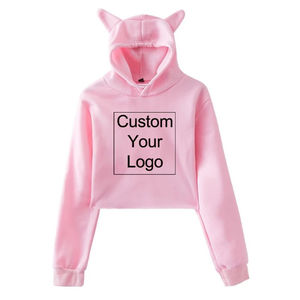 Custom Logo Women's Pink Cropped <b>Hoodie</b> <b>With</b> <b>Cat</b> <b>Ears</b> Applique Casual Sweatshirt Front Print Design - Product Image 1