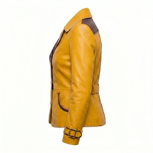 Yellow Mustard <b>Belted</b> Double Breasted <b>Leather</b> Trench Coat Womens Contrast Purple Trim Outerwear Wholesale Factory - Product Image 4