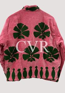 Manteau en velours rose brodé de fleurs, col mandarin, manches longues, grande taille, vêtements d'hiver pour femmes, style décontracté vintage - Product Image 3