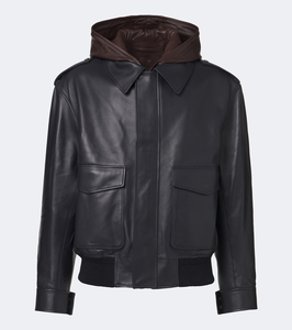 Blouson aviateur en cuir noir pour homme avec capuche, col rabattable, fermeture éclair, poches, vêtement d'automne, mode OEM - Product Image 1