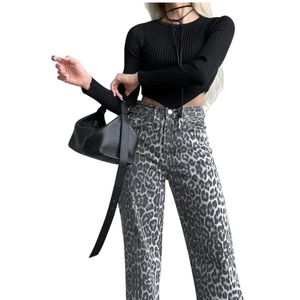 <b>Women's</b> Leopard Print Flare <b>Jeans</b> High Waist Wide Leg Denim Pants <b>Vintage</b> Washed Slim Fit Casual Streetwear Trousers for <b>Women</b> - Product Image 2