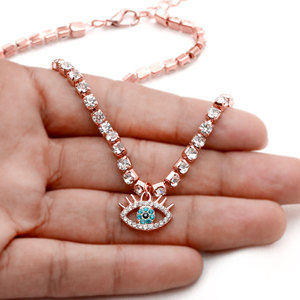 925 Sterling <b>Silver</b> Rose Gold Plated Evil Eye Tennis <b>Choker</b> Necklace Sparkling White Blue CZ Charm Wholesale Jewelry - Product Image 6