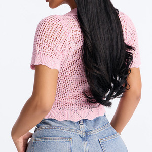 Lightweight Custom Summer Women's Pink Knitted <b>Crop</b> Top <b>Short</b> <b>Sleeve</b> Turn-down Collar Button Front Preppy Style Sweater <b>Cardigan</b> - Product Image 2