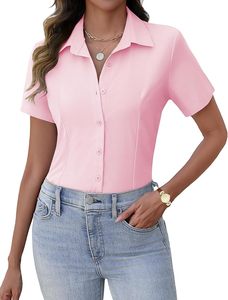Camisa de Mujer Verde de Manga Corta con Botones, Corte Regular, Cuello en V, Casual, Tejido Sólido Transpirable, con Logotipo Personalizado, para Primavera/Verano - Product Image 6