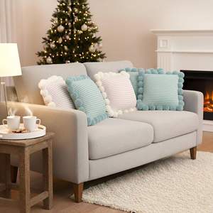 Ensemble de 5 housses de coussin côtelées bleu clair SOGA, taie d'oreiller en tissu gaufré crème avec pompons pour la décoration de la maison - Product Image 6