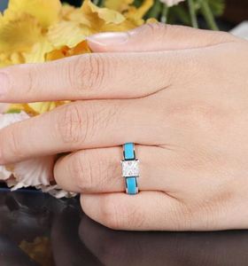 Bague de fiançailles en moissanite taille princesse en or blanc, style Art Déco, émail bleu, sertie à griffes, vintage, pour anniversaire, cadeau pour femme - Product Image 3