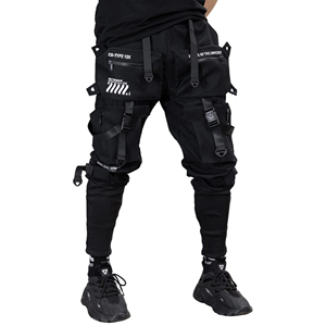 Black Multi Pocket Cargo Pants <b>Drawstring</b> Waist Zipper Fly Casual Streetwear <b>Trousers</b> for <b>Men</b> - Product Image 3