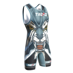 Combinaison de lutte personnalisée avec visage de loup féroce pour hommes, gris et noir, sublimation, uniforme de compétition d'équipe, logo personnalisé, OEM - Product Image 4