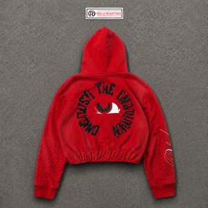 Sweat-shirt à capuche rouge 100% coton, fermeture éclair, coupe classique, en coton French Terry, décontracté, pour l'automne, avec impression sur le devant et poches. - Product Image 6