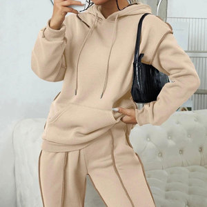 Survêtement à capuche de couleur unie pour femmes, ensemble sweat-shirt et pantalon pleine longueur, coupe ample décontractée avec cordon de serrage, vêtements d'automne - Product Image 5