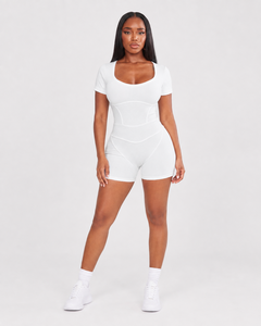 Dress to Impress Casual Skinny One Piece Seam Detail Short Sleeve <b>Unitard</b> <b>Romper</b> Bodycon Dress Spandex/Cotton Stretch - Product Image 1