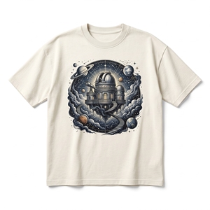 Floating Observatory T-<b>Shirt</b> | Cream Beige 240 GSM Heavyweight Cotton Tee with Cosmic Telescope Graphic - Product Image 1