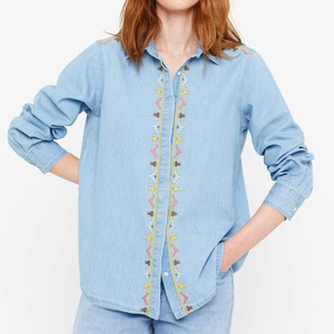 Women's Light Blue Denim Shirt Long Sleeve Turn-<b>down</b> Collar Embroidered Floral Pockets Casual Top Spring Wear - Product Image 6