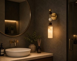 Lámpara de Pared Moderna de Alabastro, Aplique de Latón con Detalles de Madera, Iluminación de Pared de Estilo Mid-Century, Luz de Dormitorio de Piedra Natural - Product Image 3
