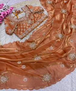 Sari de seda satinada suave de diseñador Fendi con bordado a mano y blusa con borde de arco y costuras 85598 Maruti Fab Jalpa - Product Image 4