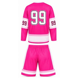 ชุดฮอกกี้น้ำแข็งสีชมพูสดสำหรับผู้ชาย แบบซับลิเมชั่น เสื้อและกางเกงขาสั้น โพลีเอสเตอร์ ลายทาง ชุดกีฬา ชุดฝึกซ้อมและแข่งขันสำหรับทีม - Product Image 2
