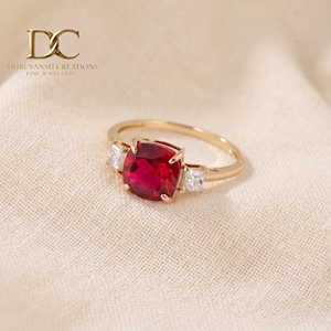 Anillo de Oro Amarillo Sólido de 14 Quilates con Diamante Cultivado en Laboratorio y Rubí Color Sangre de Pichón, Joyería Fina para Mujer - Product Image 2