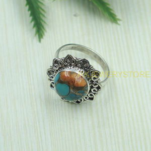 Natural Orange Blue Copper Turquoise 925 Sterling <b>Silver</b> Handmade Vintage Floral <b>Statement</b> <b>Ring</b> Boho Artisan Jewelry Gift women - Product Image 3