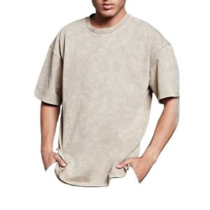 เสื้อยืดโอเวอร์ไซส์สีเบจสำหรับผู้ชาย คอกลม แขนสั้น ไซส์ใหญ่ ผ้าฝ้ายเจอร์ซีย์ ลำลอง สีพื้น ผ้าถัก ย้อมสีเรียบ - Product Image 2