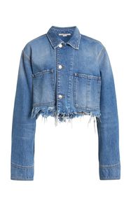 <b>Cropped</b> <b>Denim</b> <b>Jacket</b> Women Color Blocked Button Front Long Sleeve Distressed Wash Casual Autumn Style - Product Image 5