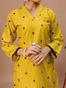 Premium Quality Yellow Cotton Long <b>Kurti</b> With Matching Pant And Dupatta Designer Ethnic Wear Set For Women Wedding Party - Product Image 4