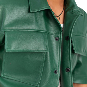 Deep Green <b>Half</b>-Sleeve Stand Collar Breathable Lightweight Comfortable Men's Pu Leather <b>Shirts</b> New Arrival Trendy Outerwear - Product Image 6