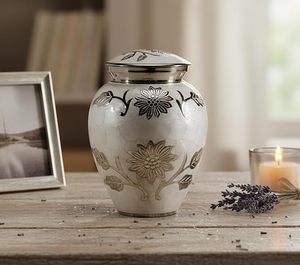 Handcrafted Silver Finish Floral Keepsake Urn with Lid Decorative Metal Storage <b>Jar</b> for Home Decor Ashes Memory Keepsake - Product Image 2
