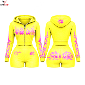 OEM Women <b>Velour</b> <b>Tracksuit</b> 2 Piece Crop Zip Up Hoodie and Shorts Custom Logo Streetwear Womens <b>Tracksuit</b> For Ladies Sweatsuit - Product Image 1