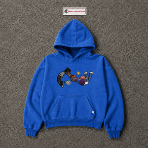 Sweat à capuche graphique bleu avec broderie de dessin animé ludique, pull streetwear oversize décontracté unisexe, effet délavé vintage - Product Image 5
