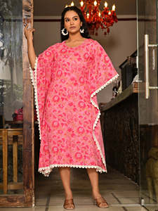 Robe kaftan pour femmes, 100% coton, rose, imprimée, manches chauve-souris, bordure en dentelle, tenue décontractée de plage - Product Image 6