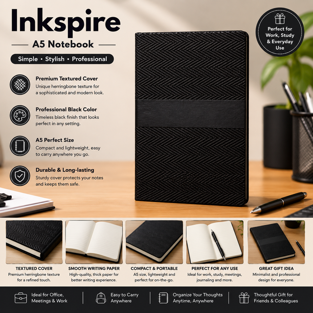 A5 PU Textured Notebook Sewing Binding Faux Leather Journal Black Slim for Office Study Meetings