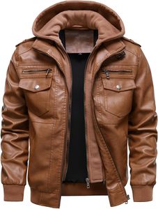 <b>Men's</b> Customized Brown PU <b>Leather</b> Hooded Moto <b>Jacket</b> Zipper Front Regular Fit Autumn Style Windproof Solid Color High Quality - Product Image 1