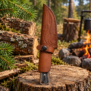 Couteau de chasse artisanal en acier D2 avec manche en bois de rose et étui en cuir, couteau à lame fixe pour le bushcraft, le camping et la survie - Product Image 5