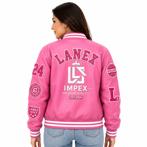 Custom Pink Varsity Letterman Jacket Women PU Leather Baseball College Jacket Embroidered Chenille Patch Bulk Bomber Jacket OEM - Product Image 4