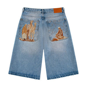Pantalones Cortos de Mezclilla para Hombre, Estilo Vintage, Ecológicos, Sueltos, Lavados, Cintura Alta Elástica, Estilo Casual, Gris Claro, 100% Algodón - Product Image 1