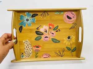 Handmade Floral Print Wood Serving Tray with Handles Rustic Decorative Rectangle Coffee Table Ottoman Tray for Home Decor by UO - Product Image 3