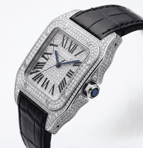 Montre Cartier Santos Dumont Antique Fashion avec Diamants et Cristaux, Boîtier Carré en Acier Inoxydable, Chiffres Romains, Bracelet Noir, Unisexe - Product Image 1