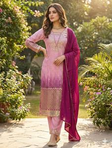 Premium Chinon Printed Traditional Style Quick Dry <b>Kurta</b> Pant Set with Sequin Embroidery Border Samosa Lace Dupatta for <b>Women</b> - Product Image 5