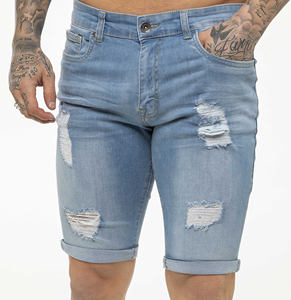 Shorts de mezclilla rasgados y desgastados de algodón elástico transpirable de cintura media para hombre, hasta la rodilla, ideales para la temporada de verano. - Product Image 6