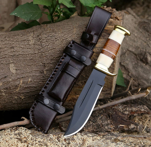 Cuchillo de Supervivencia para Exteriores de Acero de Damasco de Alta Calidad al por Mayor, Mango de Cuero, Borde Dentado, Punta Caída - Product Image 2