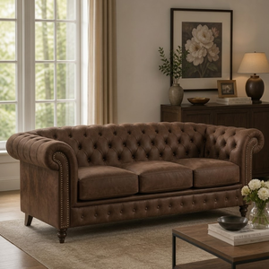 <b>Wooden</b> <b>Frame</b> Midcentury Modern Eco-Friendly Genuine Leather 3-Seater <b>Sofa</b> for Living Room Villa Warehouse-Portable Design - Product Image 1
